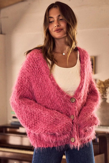 Cardigan Sweater Pink Hairy Loose Fit Soft Touch Knit - AMVIM
