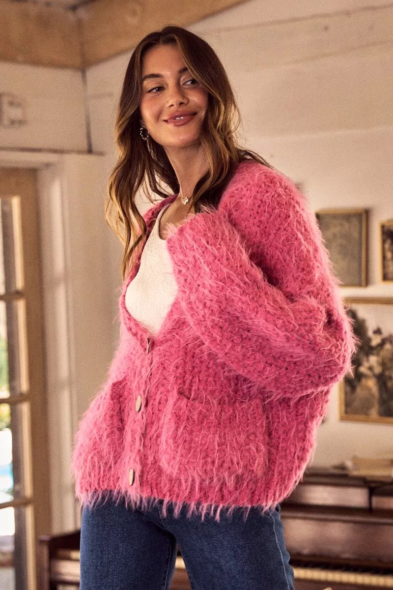 Cardigan Sweater Pink Hairy Loose Fit Soft Touch Knit - AMVIM