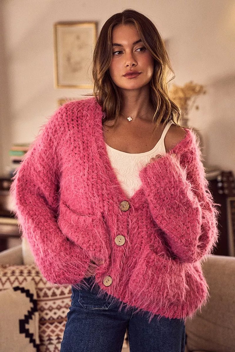 Cardigan Sweater Pink Hairy Loose Fit Soft Touch Knit - AMVIM