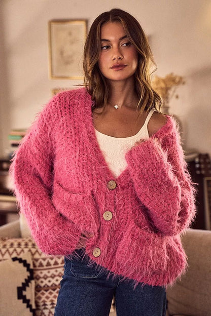 Cardigan Sweater Pink Hairy Loose Fit Soft Touch Knit - AMVIM