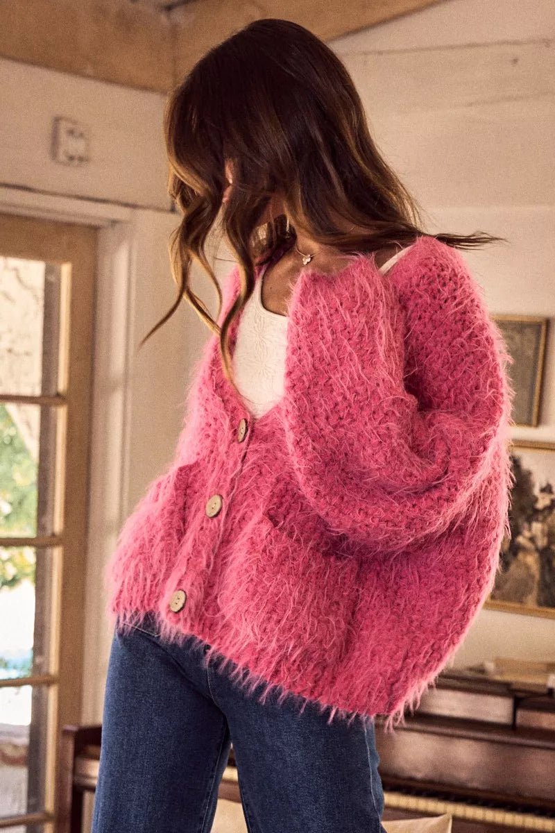 Cardigan Sweater Pink Hairy Loose Fit Soft Touch Knit - AMVIM