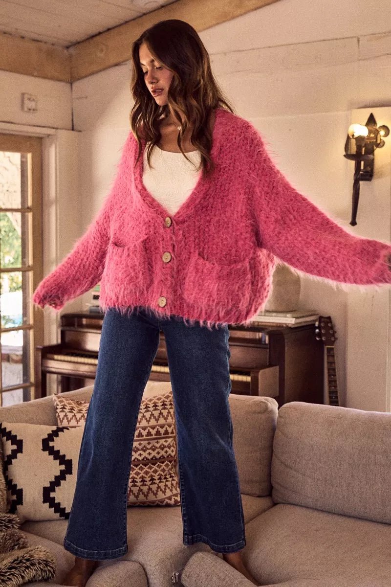 Cardigan Sweater Pink Hairy Loose Fit Soft Touch Knit - AMVIM