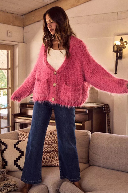 Cardigan Sweater Pink Hairy Loose Fit Soft Touch Knit - AMVIM