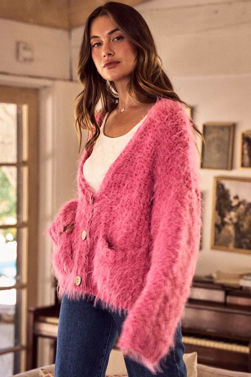 Cardigan Sweater Pink Hairy Loose Fit Soft Touch Knit - AMVIM