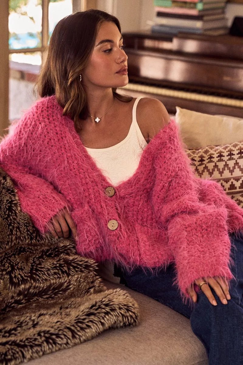 Cardigan Sweater Pink Hairy Loose Fit Soft Touch Knit - AMVIM