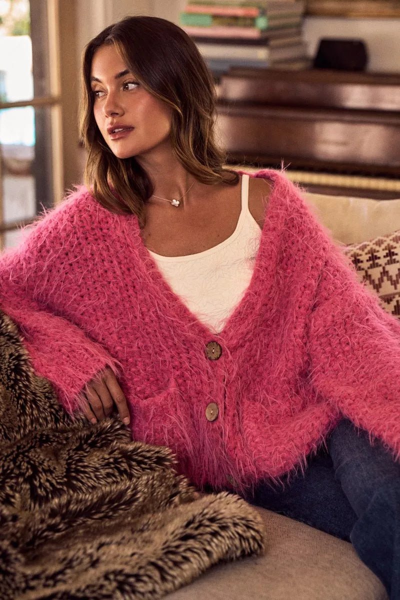 Cardigan Sweater Pink Hairy Loose Fit Soft Touch Knit - AMVIM