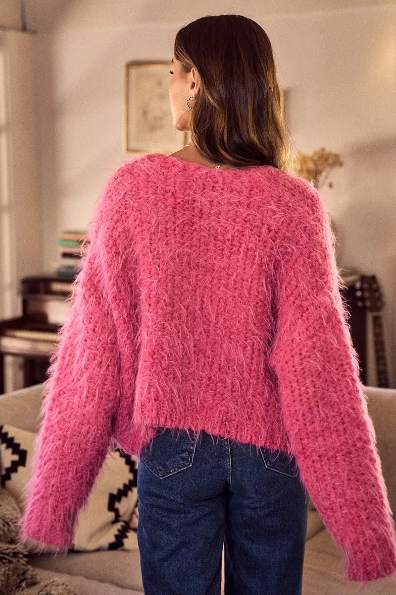 Cardigan Sweater Pink Hairy Loose Fit Soft Touch Knit - AMVIM