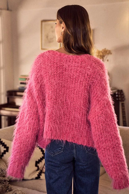 Cardigan Sweater Pink Hairy Loose Fit Soft Touch Knit - AMVIM