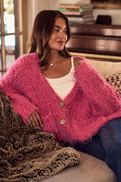 Cardigan Sweater Pink Hairy Loose Fit Soft Touch Knit - AMVIM