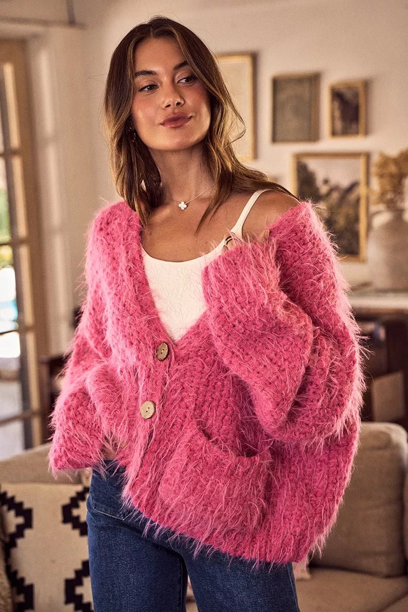 Cardigan Sweater Pink Hairy Loose Fit Soft Touch Knit - AMVIM