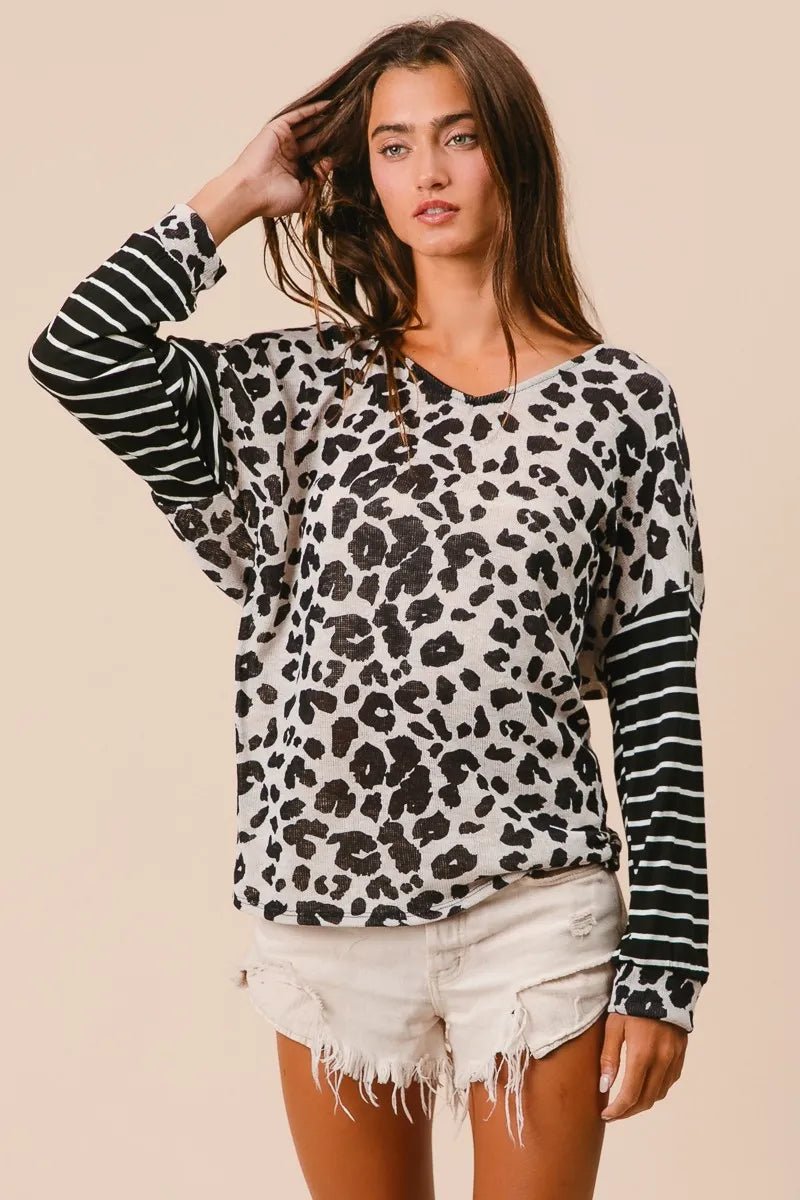Casual Leopard Print T-Shirt With Striped Sleeves – Cotton - AMVIM