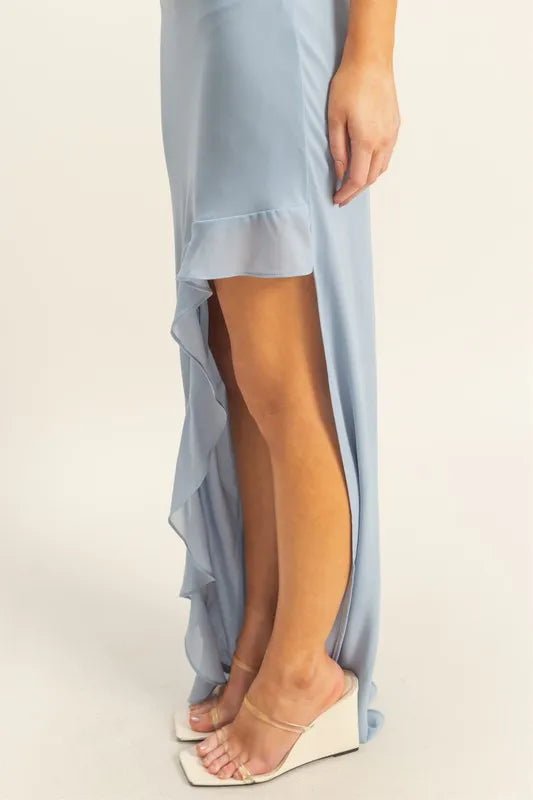 Chiffon Ruffle Trim Midi Dress With Elegant High - Low Hem - AMVIM