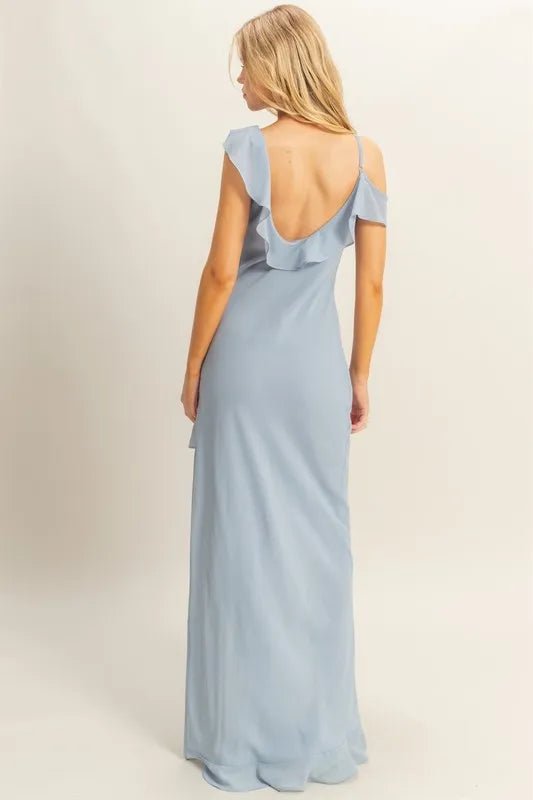 Chiffon Ruffle Trim Midi Dress With Elegant High - Low Hem - AMVIM