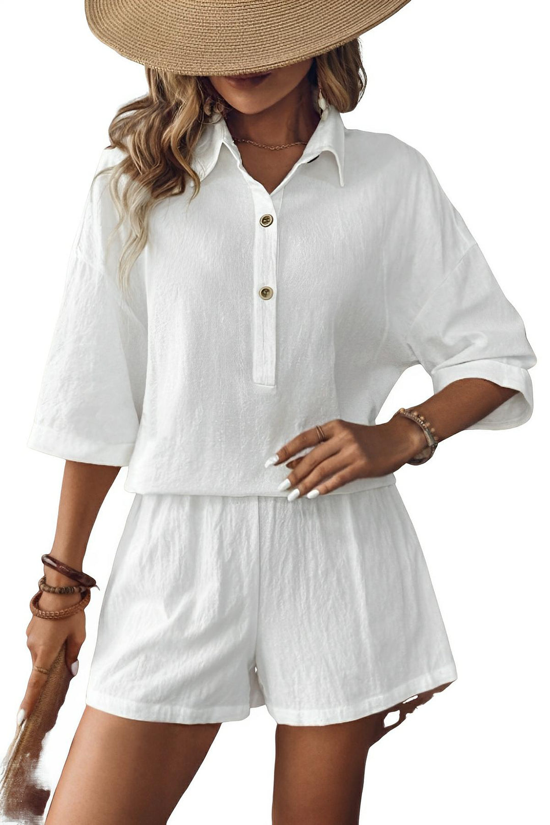 Collared Neck Half Sleeve Top and Shorts Set - AMVIM
