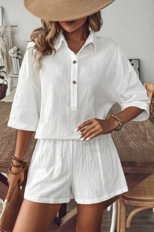 Collared Neck Half Sleeve Top and Shorts Set - AMVIM