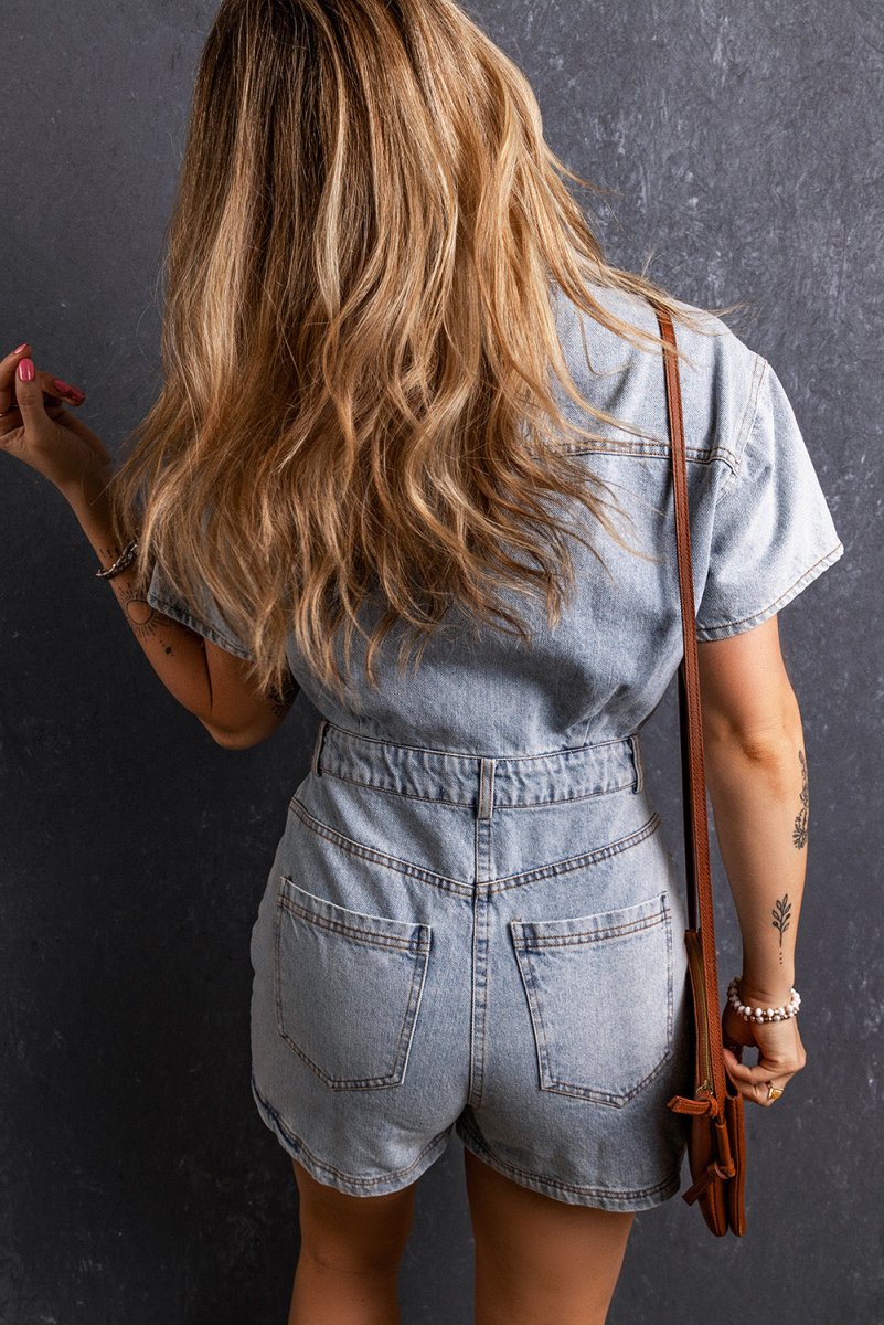 Collared Neck Short Sleeve Denim Romper - AMVIM