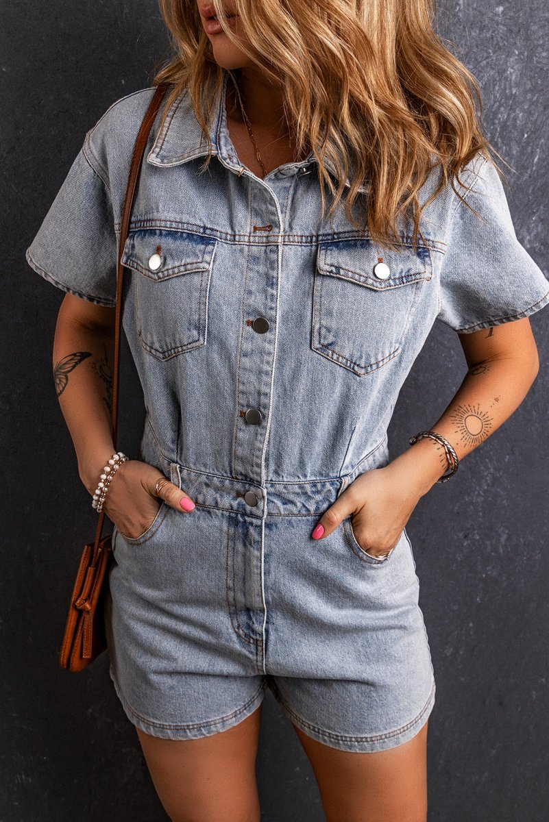 Collared Neck Short Sleeve Denim Romper - AMVIM