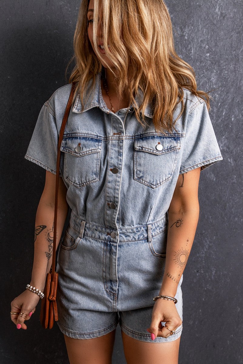 Collared Neck Short Sleeve Denim Romper - AMVIM