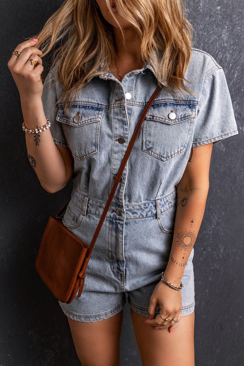 Collared Neck Short Sleeve Denim Romper - AMVIM