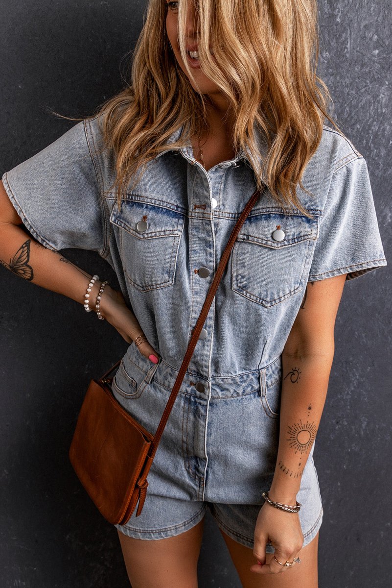 Collared Neck Short Sleeve Denim Romper - AMVIM