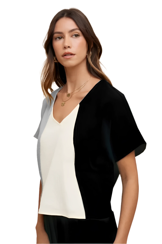 Color Block Cotton Gauze V - Neck Top for Summer Looks - AMVIM
