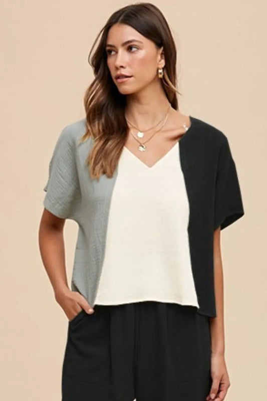 Color Block Cotton Gauze V - Neck Top for Summer Looks - AMVIM