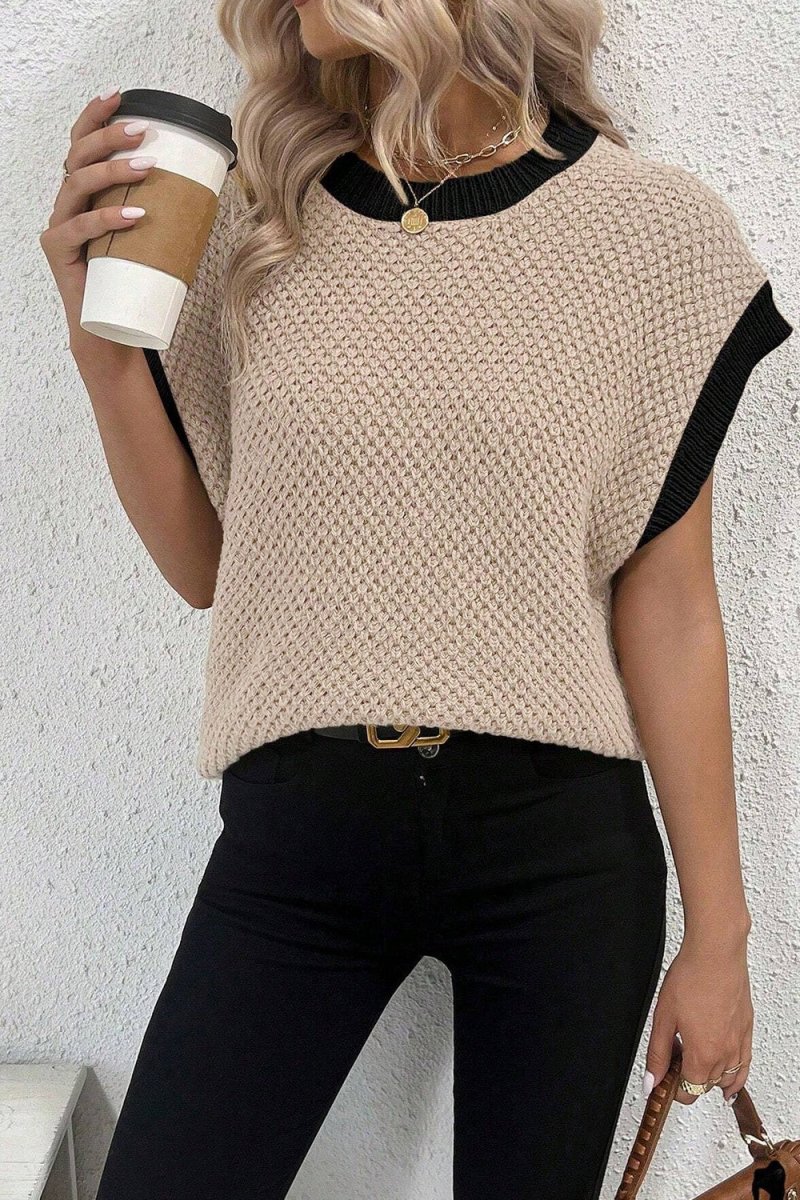 Contrast Round Neck Cap Sleeve Knit Top - AMVIM