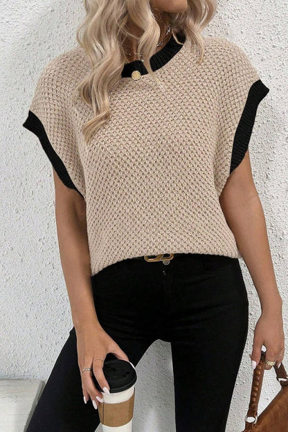 Contrast Round Neck Cap Sleeve Knit Top - AMVIM