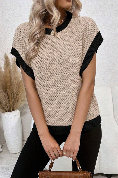 Contrast Round Neck Cap Sleeve Knit Top - AMVIM