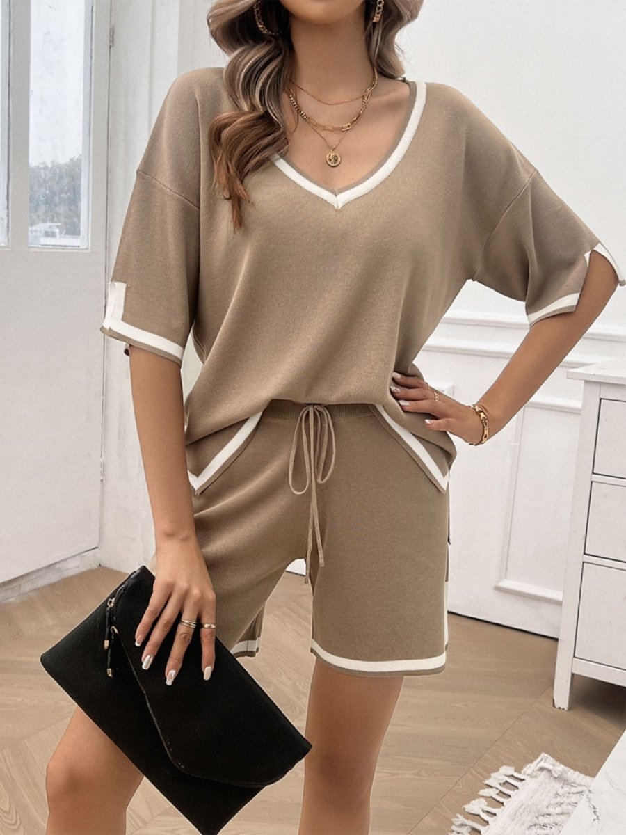 Contrast Trim V - Neck Top and Shorts Set - AMVIM