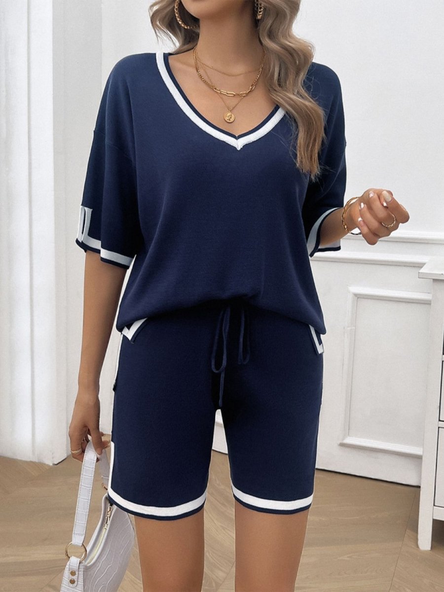 Contrast Trim V - Neck Top and Shorts Set - AMVIM