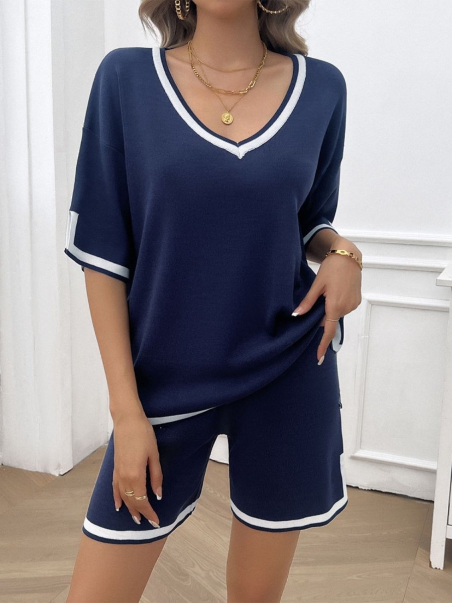 Contrast Trim V - Neck Top and Shorts Set - AMVIM