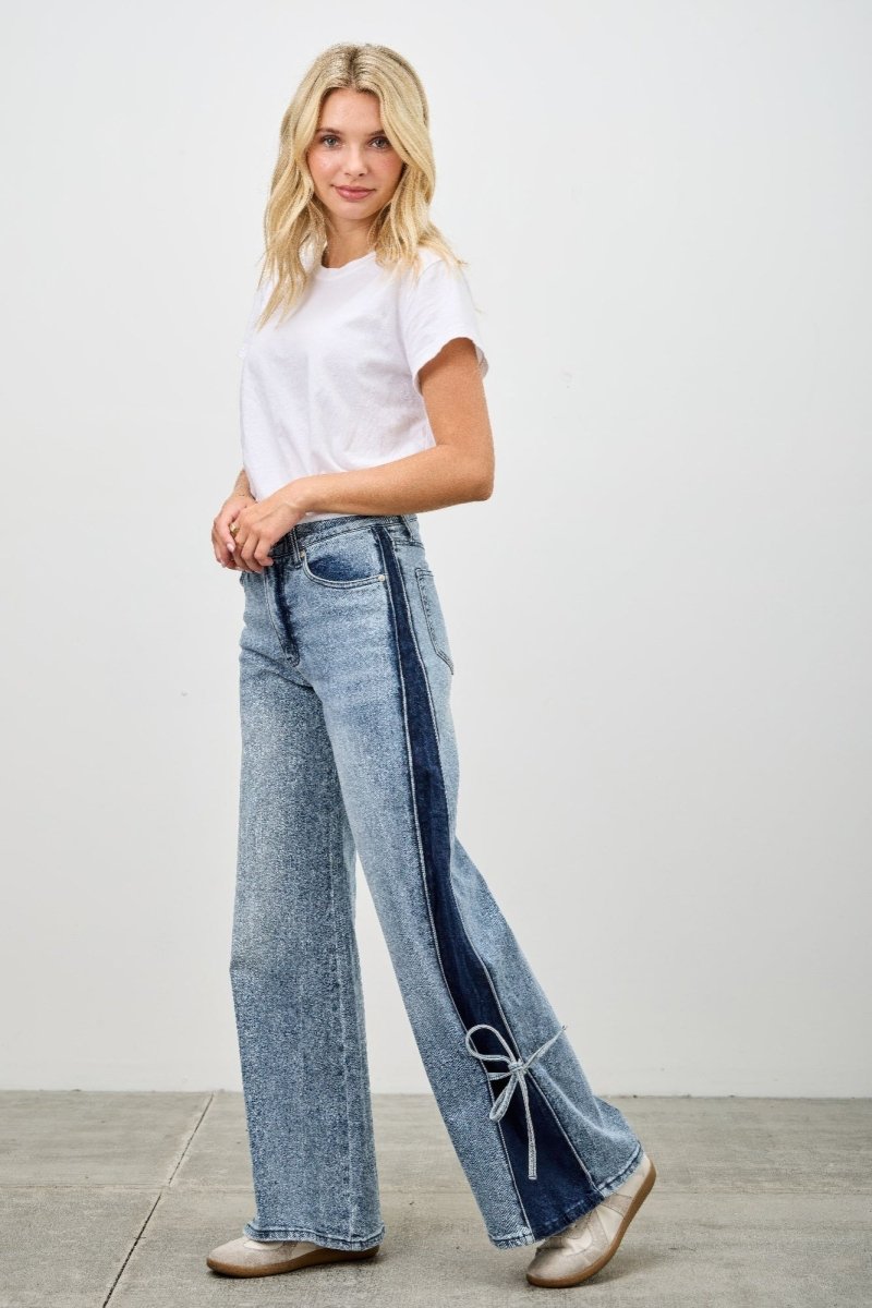 Cotton Blend Trousers – Wide - Leg Mid Rise Fit - Saige Denim Women&
