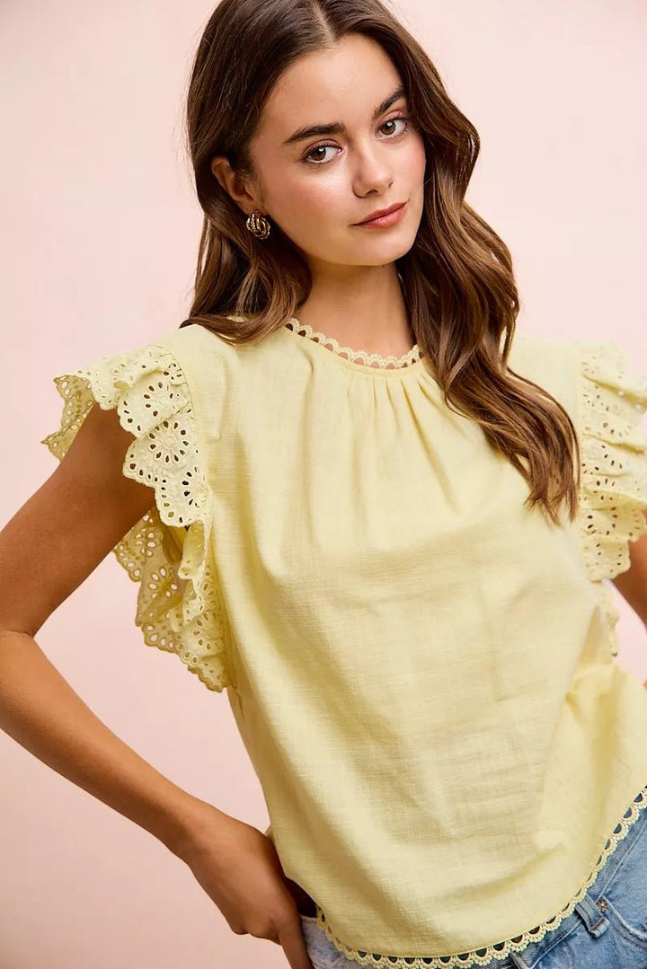 Cotton Solid Ruffle Sleeve Lace Detail Blouse - AMVIM