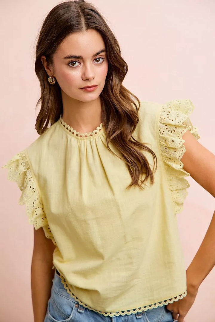Cotton Solid Ruffle Sleeve Lace Detail Blouse - AMVIM