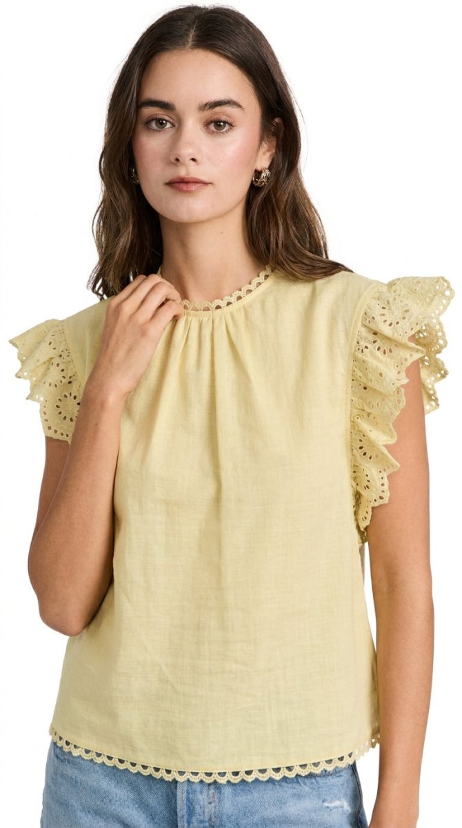 Cotton Solid Ruffle Sleeve Lace Detail Blouse - AMVIM
