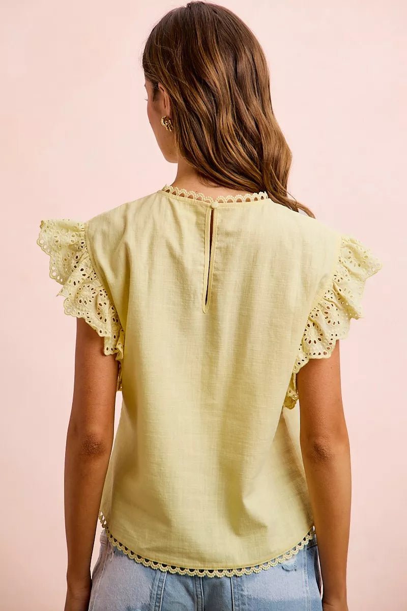 Cotton Solid Ruffle Sleeve Lace Detail Blouse - AMVIM