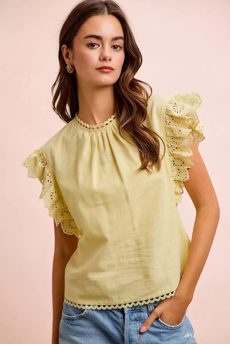 Cotton Solid Ruffle Sleeve Lace Detail Blouse - AMVIM