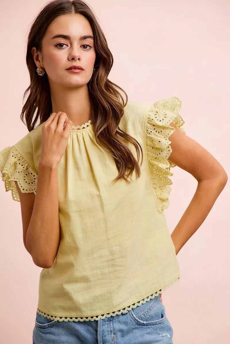 Cotton Solid Ruffle Sleeve Lace Detail Blouse - AMVIM