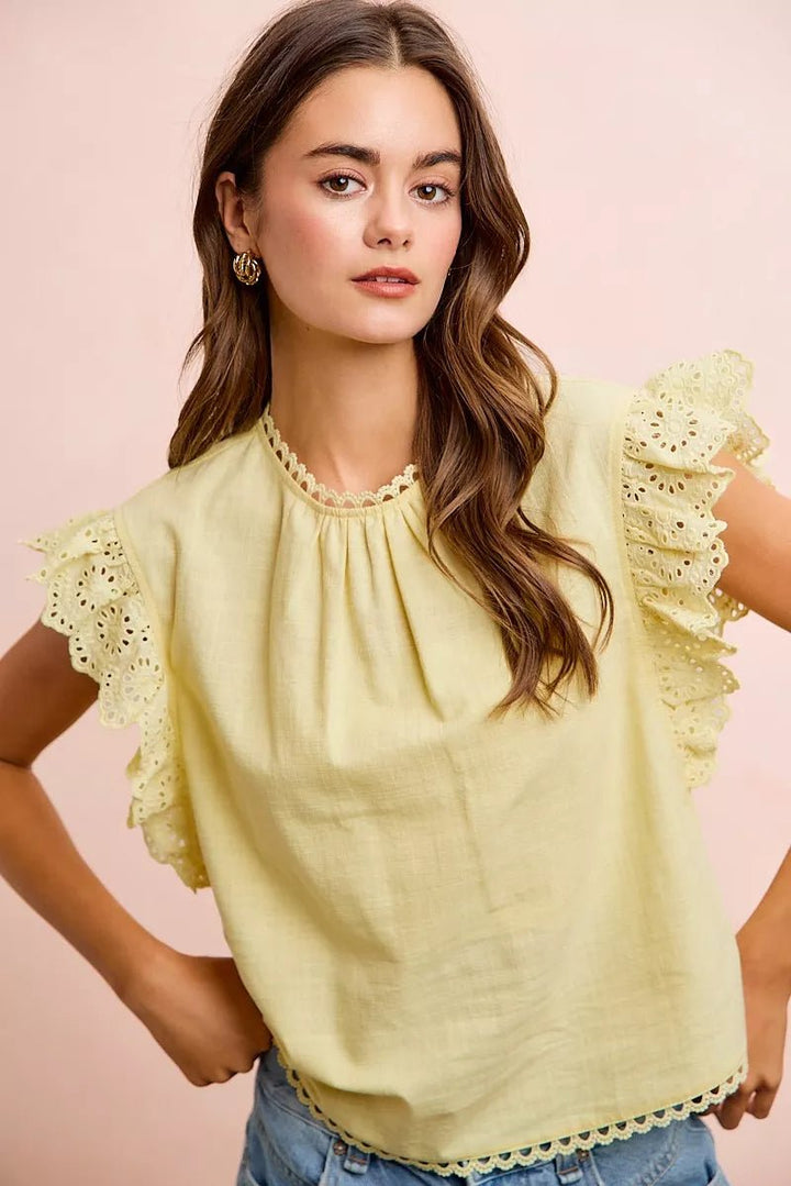 Cotton Solid Ruffle Sleeve Lace Detail Blouse - AMVIM