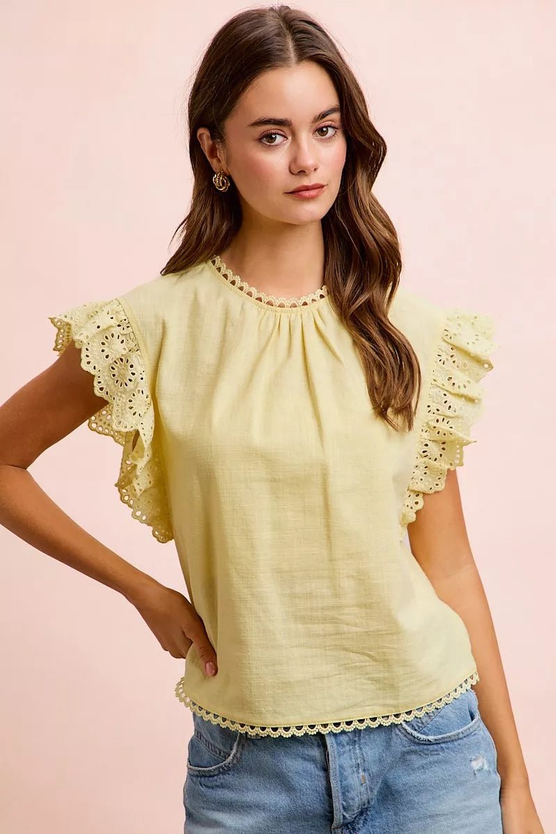 Cotton Solid Ruffle Sleeve Lace Detail Blouse - AMVIM