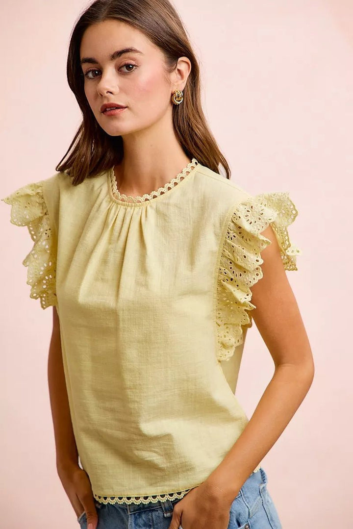 Cotton Solid Ruffle Sleeve Lace Detail Blouse - AMVIM