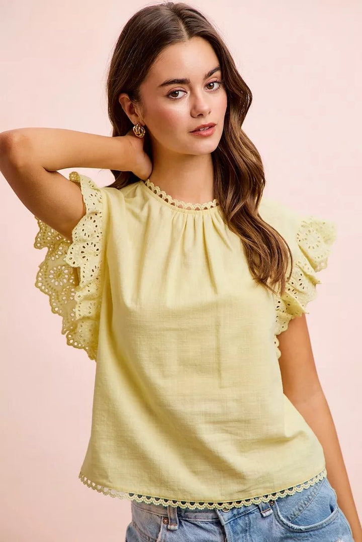 Cotton Solid Ruffle Sleeve Lace Detail Blouse - AMVIM