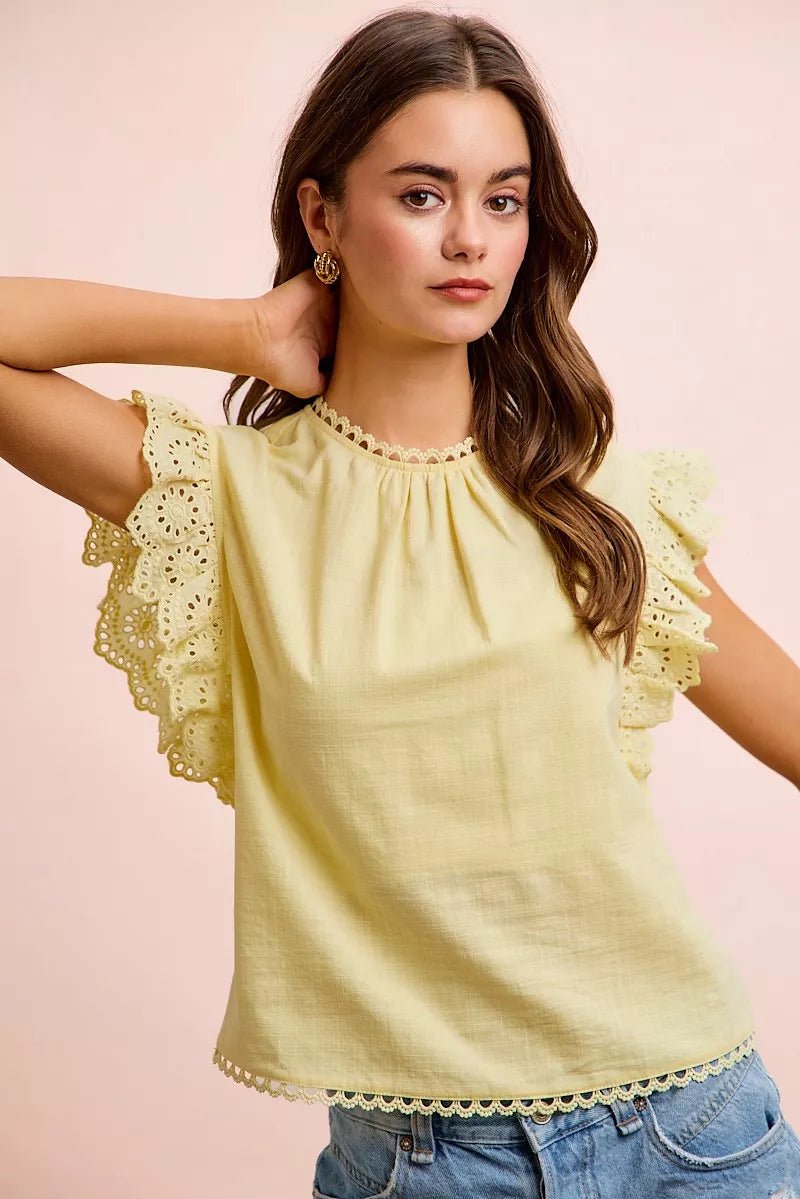 Cotton Solid Ruffle Sleeve Lace Detail Blouse - AMVIM