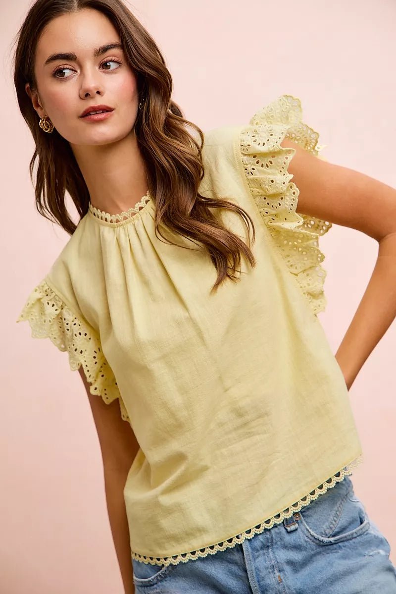 Cotton Solid Ruffle Sleeve Lace Detail Blouse - AMVIM