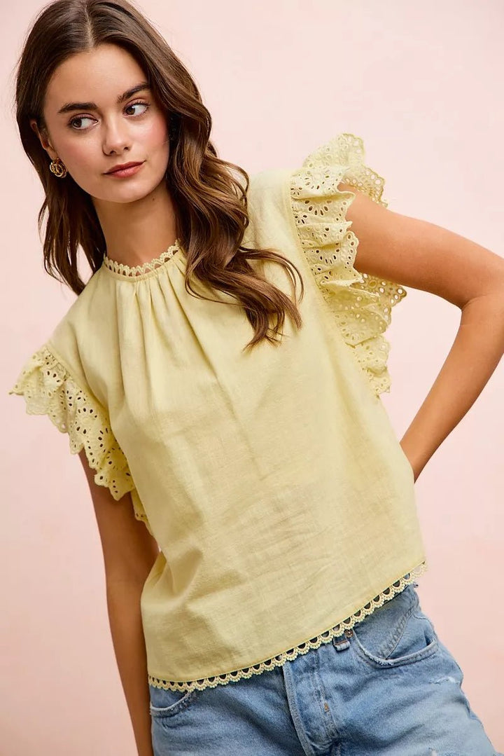 Cotton Solid Ruffle Sleeve Lace Detail Blouse - AMVIM