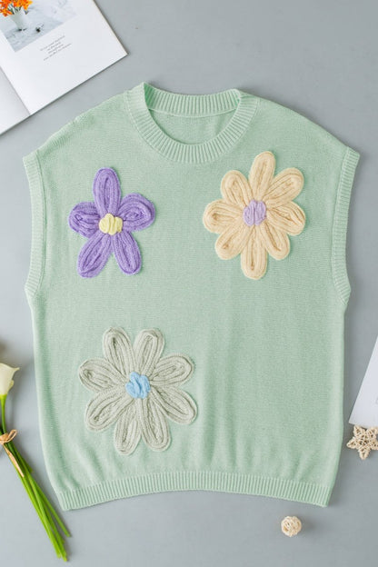 Crochet Flower Round Neck Sweater Vest - AMVIM