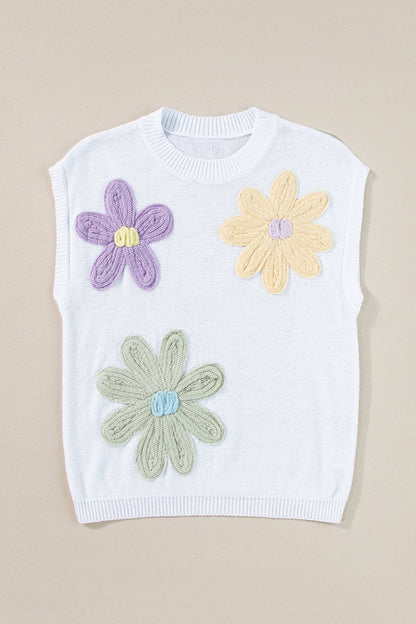 Crochet Flower Round Neck Sweater Vest - AMVIM