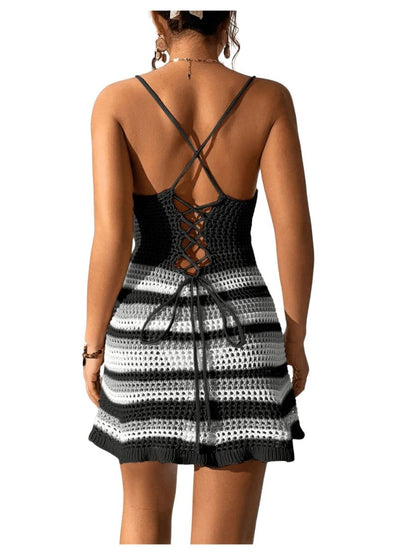 Cutout Striped Spaghetti Strap Cover Up Dress - AMVIM