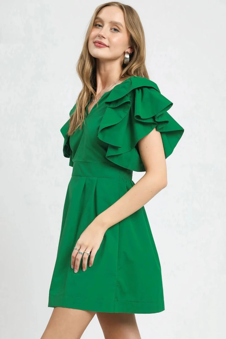 Dark Green Double Ruffle Sleeve Fit and Flare Midi Dress - Women&